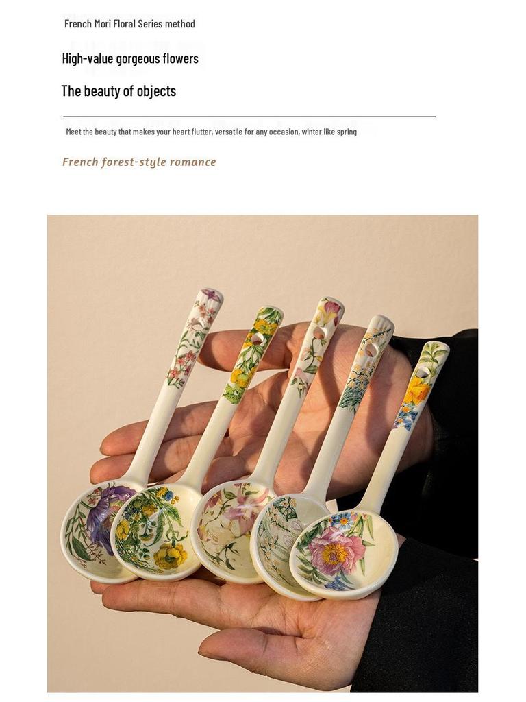 Ceramic Curved Handle Mug with Spoon and Saucer, Floral Design, Ideal for Breakfast, Oatmeal, Milk, Coffee.