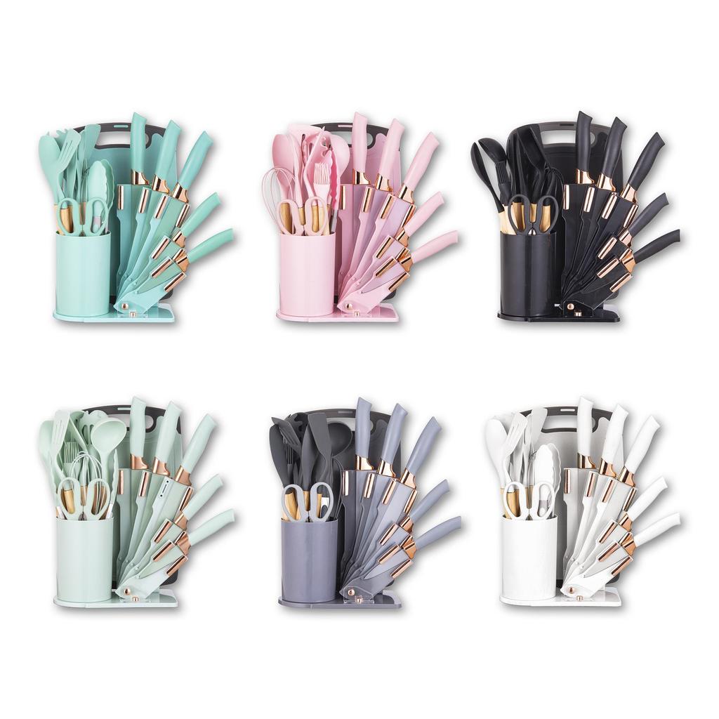 19pcs Premium Silicone Kitchen Utensil & Knife Set - Heat-Resistant, Non-Stick Safe Cooking Tools With Wooden Handles & Chef Knives