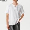 INCERUN Vintage Mens Summer Short Sleeve Lace Up Neck Solid Color Casual T-shirts Tops