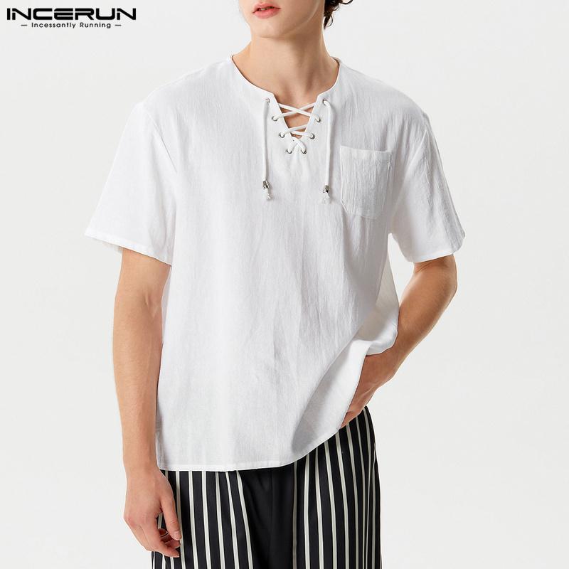 INCERUN Tricouri Topuri Casual de Vară pentru Bărbați Vintage cu Mânecă Scurtă, cu Șireturi la Gât, Culoare Solidă