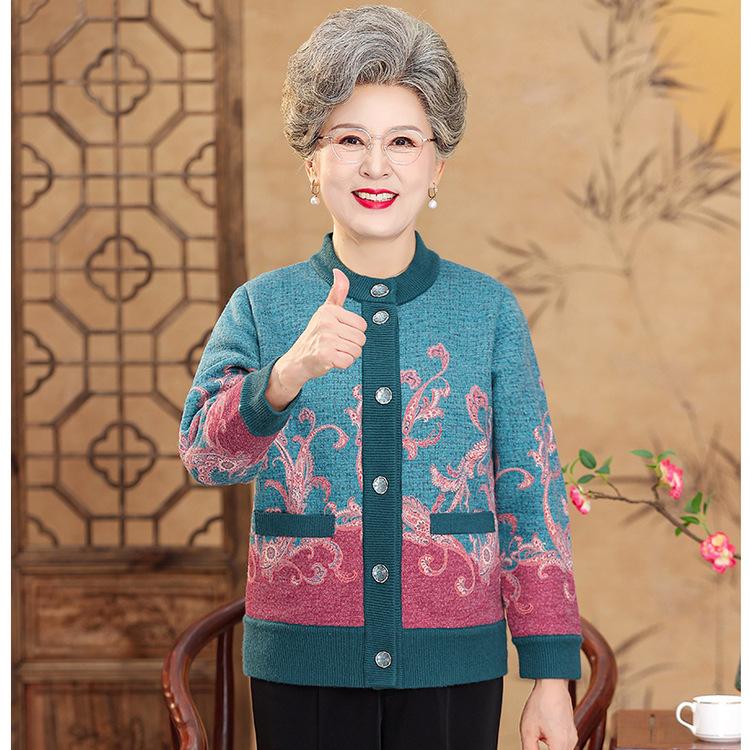 Grandma Sweater In Autumn and Winter, Old Lady Coat, Middle-aged and Old New Mother's Cashmere Padded Cardigan Sweater