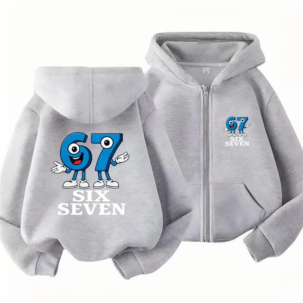 Kids Cartoon Six Seven 67 Character Graphic Zip Up Hoodie Loose Long Sleeve Hooded Jacket Trendy Street Outerwear For Boys Girls