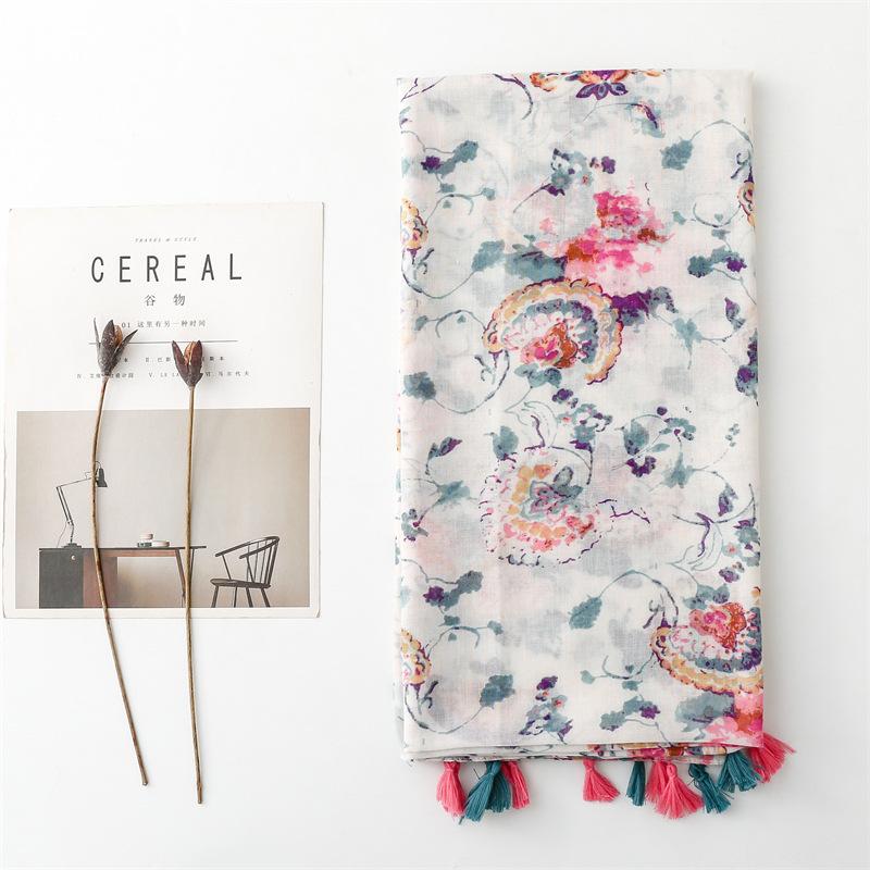 Four Season Cotton And Linen Hand Feel Scarf, Retro Ethnic Style, Colorful Flowers, Thin Tassel Scarf, Shawl For Women