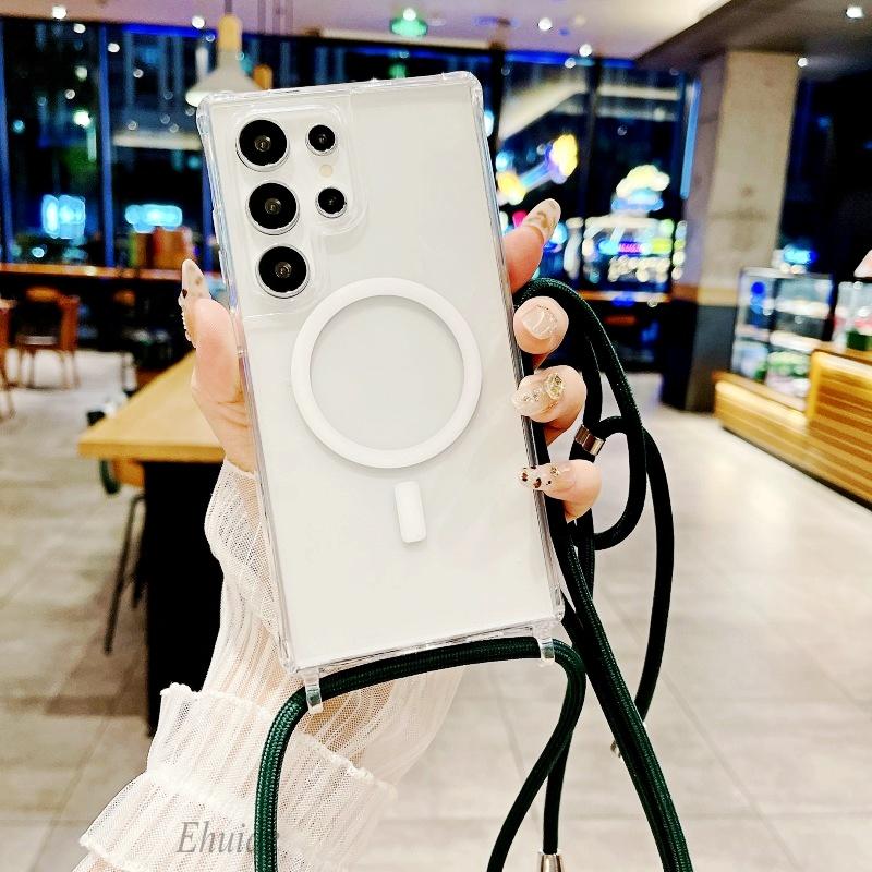 Magnetic Strap Case For Samsung Galaxy S26 Ultra S23 S24 Plus S25 Plus Crossbody Lanyard Clear Wireless Charging Clear Cover
