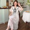 Linglei Summer Solid Color Lace Bow Mesh Court Princess Style Long Nightdress Pajamas Loungewear Women