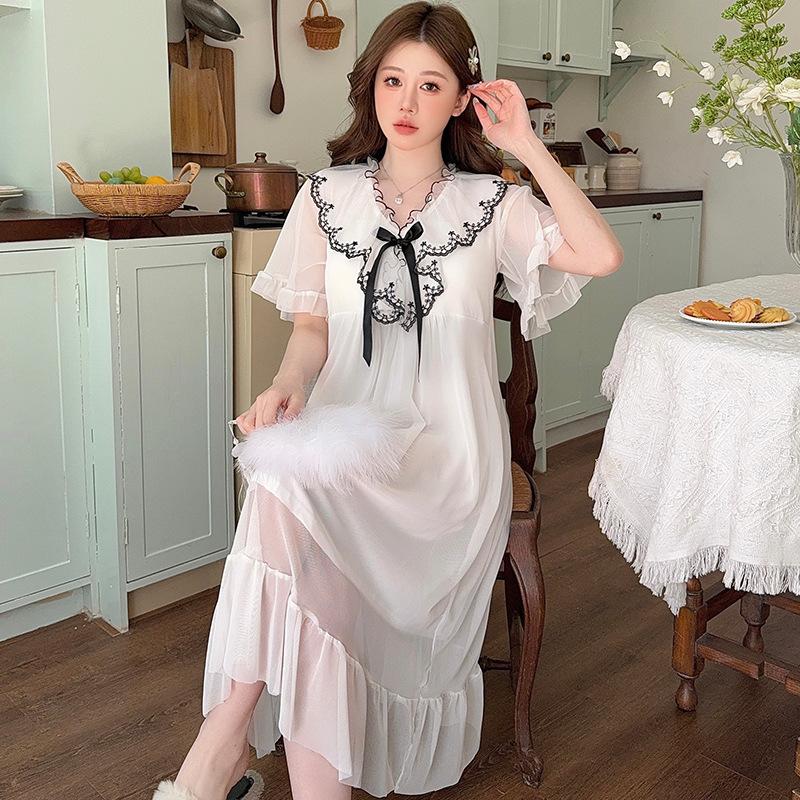 Linglei Summer Solid Color Lace Bow Mesh Court Princess Style Long Nightdress Pajamas Loungewear Women