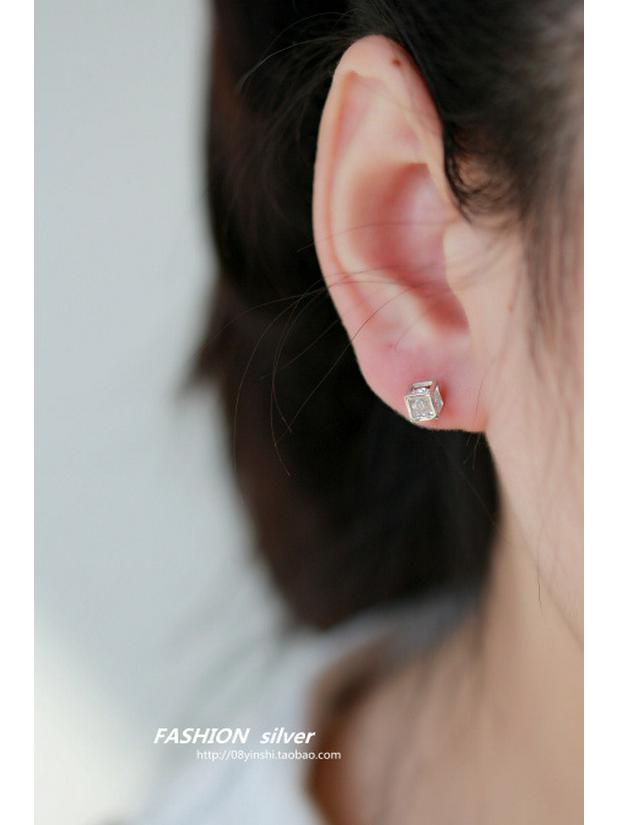 S925 Sterling Silver Cube Diamond Stud Earrings - European & American Style