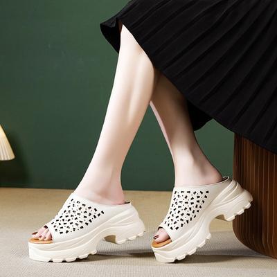 Leather Platform Slippers Women's Summer New Outer Wear Hollow Hole Shoes Versatile Open-toed High-heeled Sandals