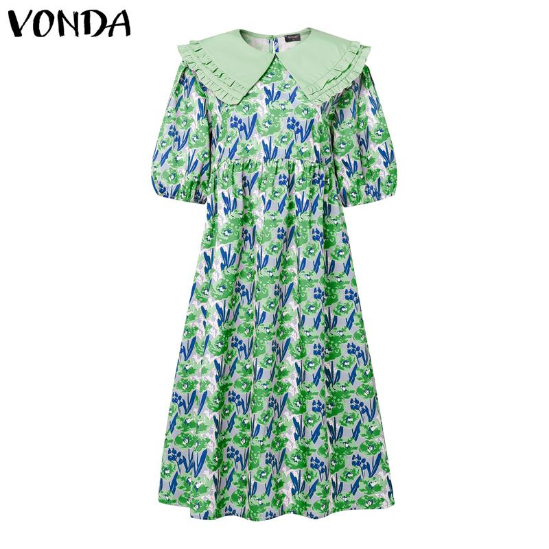 

VONDA Women Doll Collar Puff Sleeve Floral Print Casual Loose Swing Dress 5XL зелений