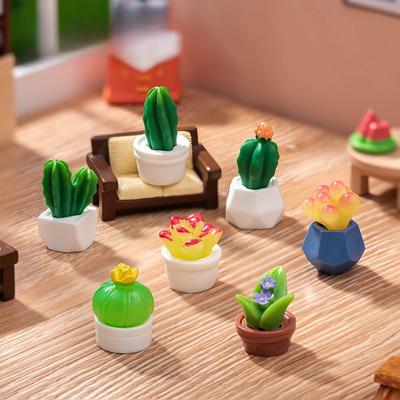2Pcs Artificial Realistic Succulent Cactus Resin Potted Plants Dollhouse Miniature Desktop Decor Micro Landscape Ornaments