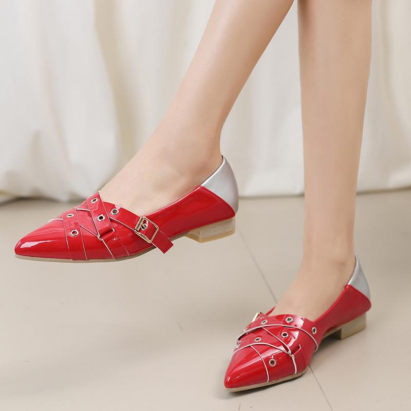Spring Pointed Women's Shoes Flat-soled Single Shoes Rivet Belt Buckle Commuting Versatile Temperament Women's Single Shoes Comfortable College Style