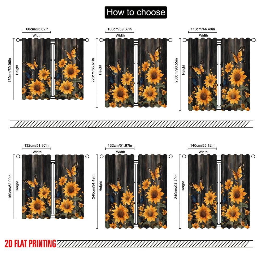 2D Flat Printing 2pcs Party Curtains Vintage Sunflower Durable Polyester,Without Electricity Party Decorations Use for Holiday