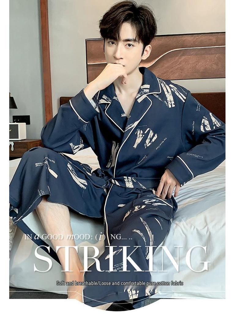 Herren Langarm Baumwoll Bademantel Pyjama Set - Frühling/Herbst Stil, Leichtgewicht, Übergröße