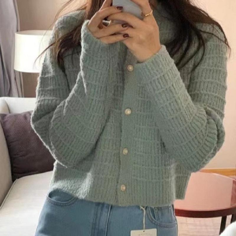 

Autumn and winter new top feeling solid color round neck soft waxy slim knitted cardigan sweater jacket women One size синий