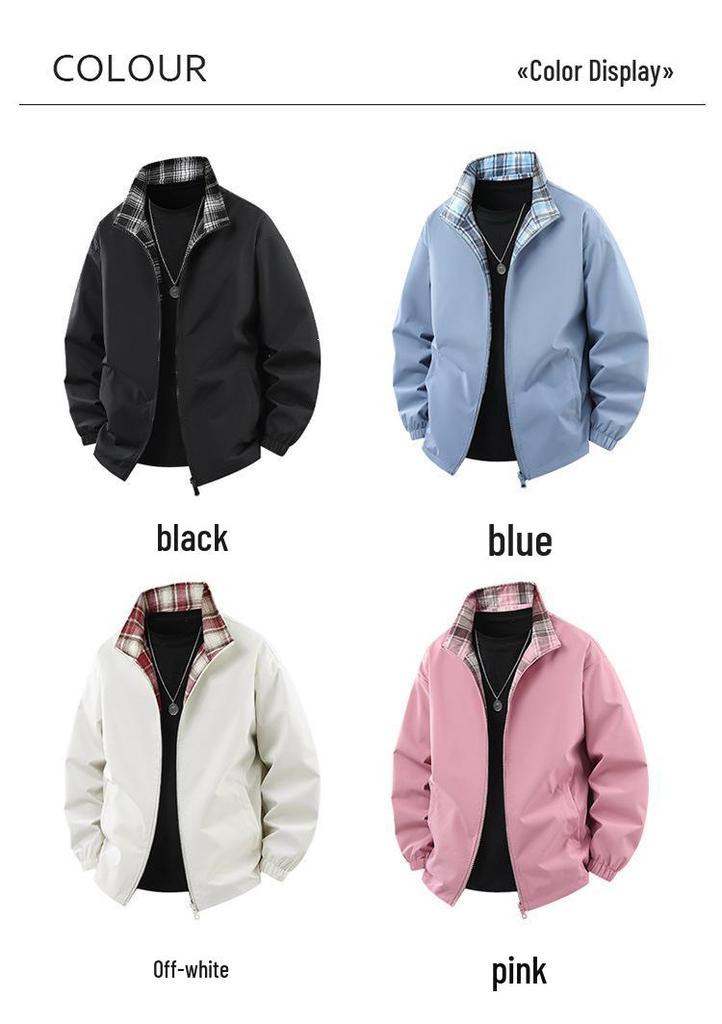 Unisex Plaid Stand Collar Jacket - Double-Sided Wear, Trendy, Casual, Versatile, High Quality for Spring & Autumn