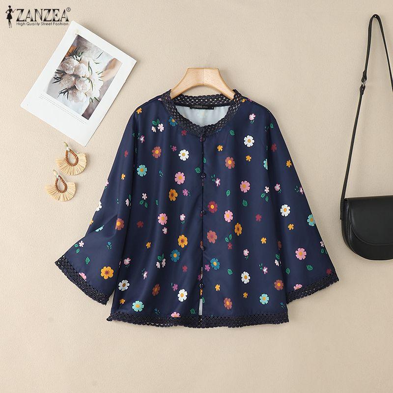 ZANZEA Women Casual Round Neck Long Sleeve Loose Print Blouse