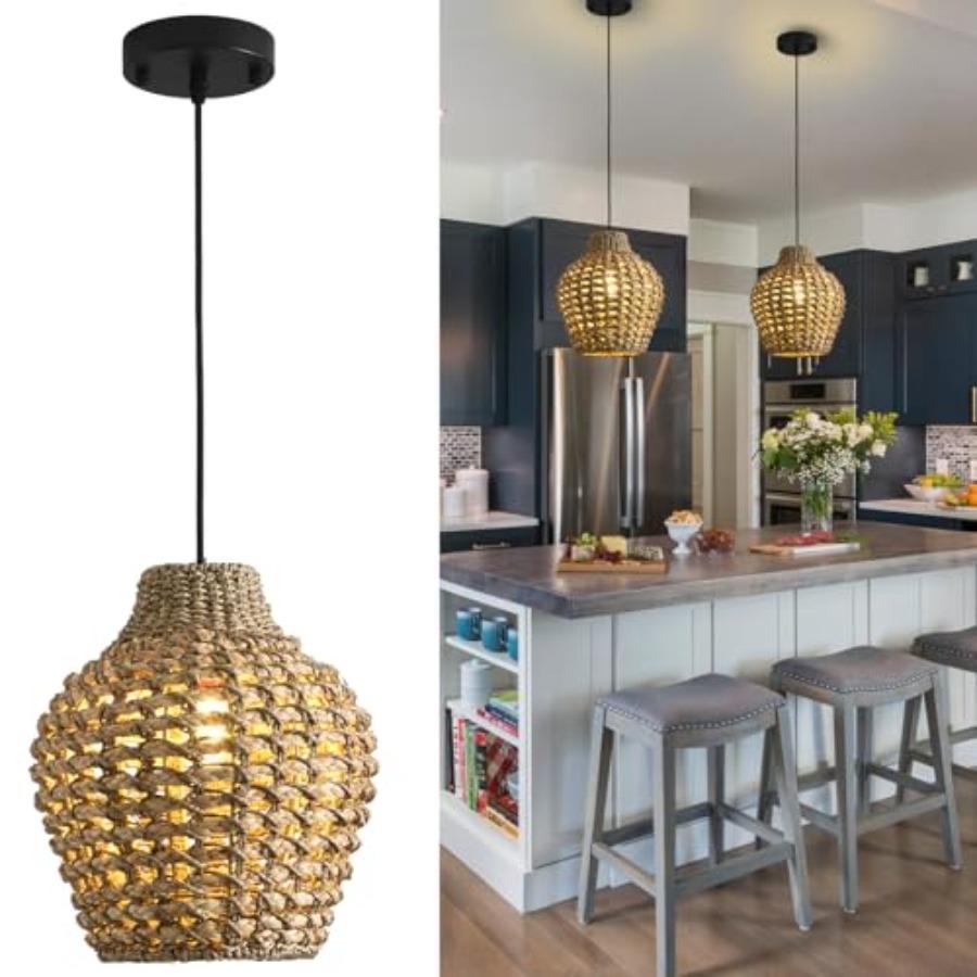 

2-Pack Rattan Pendant Light 10.24 Boho Small Hand-Woven Lighting Modern Wicker Coastal Adjustable Rattan Chandelier for Kitchen