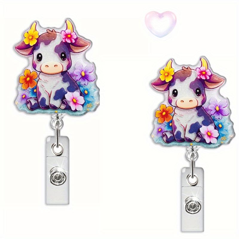 

2pc Spring Flower Cow Badge Reels. Colorful glitter ID clips for nurses, teachers & office staff. прозорий