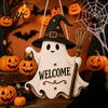 Non-scary Halloween Decor Wooden Hanging Door Sign, Cute Ghost Welcome Ornament with Witch Outdoor Sign Hat Pumpkin Lantern Design, Holiday