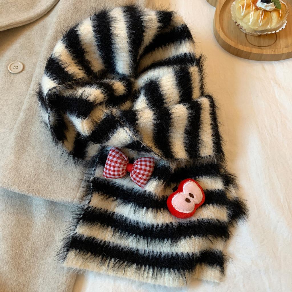 Apple Bow Red Striped Plush Knitted Scarf Women's Autumn and Winter Korean Atmosphere Warm Neck Scarf