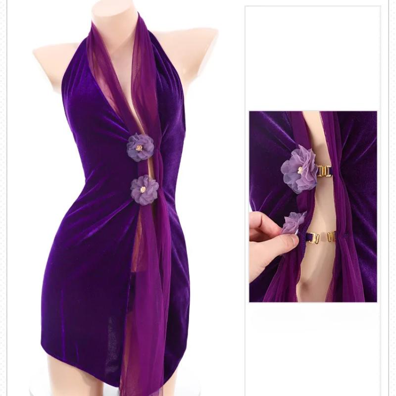 Women See-Through Cheongsam Dress Sexy V Neck Halter Lingerie Dress Lace High Split Perspective Nightgown Uniform Bar Temptation