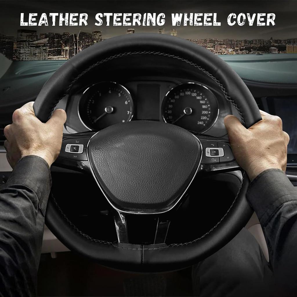 Leather Steering Wheel Cover, DIY Sewing with Needle & Thread, Breathable Anti-Slip Car Steering Wheel Protector, Universal 15 Inch Auto Steering