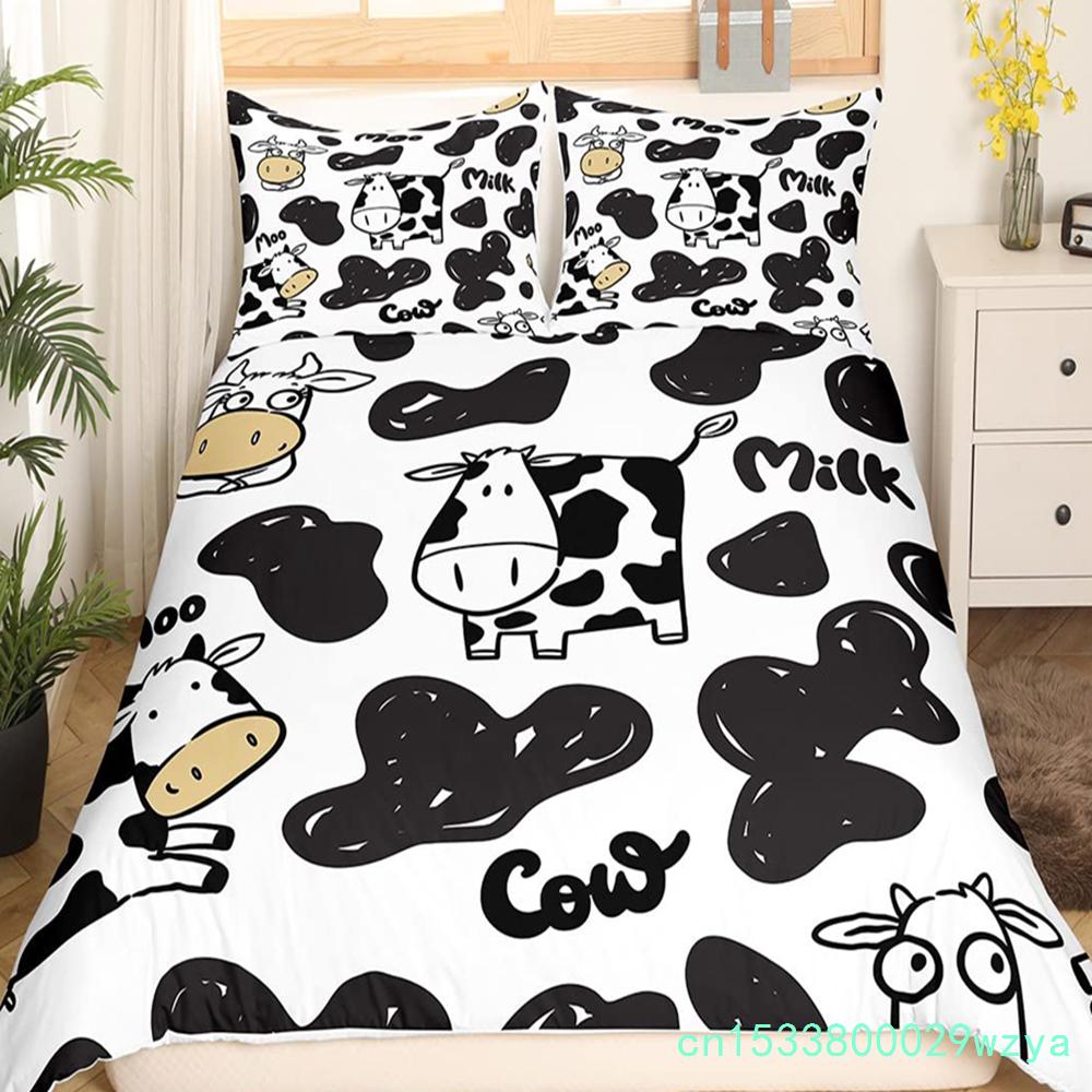 Süt İneği Desenli Yatak Örtüsü Seti King Queen Hayvanlar Temalı Yorgan Kılıfı Çikolata Kahvesi Nevresim Kılıfı Sevimli Kawaii Sığır Yorgan Kılıfı