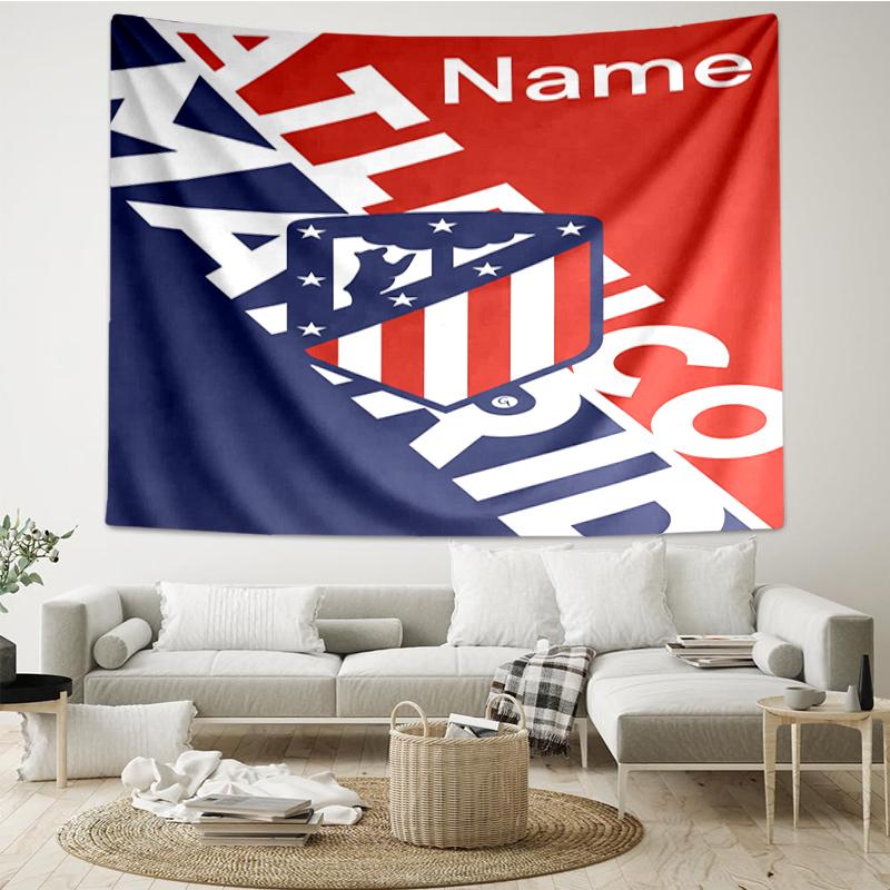 Custom Name Atlético Madrid Print Tapestry, Backdrop, Easy Setup, Ideal for Bedroom, Office & Living Room, with Aesthetic Wall Hanging Decor.