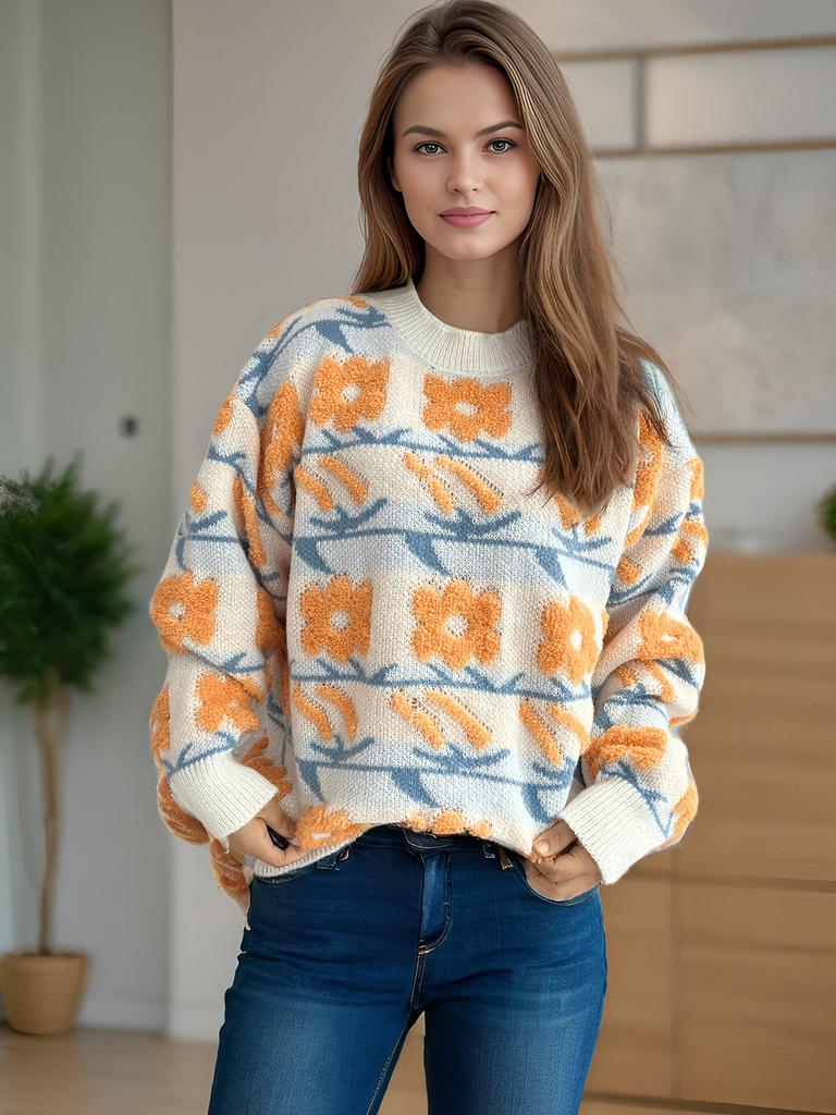Autumn and Winter New Sweet and Cute Style Flower Jacquard Towel Embroidered Knitted Round Neck Thick Sweater for Women 3579 KTB
