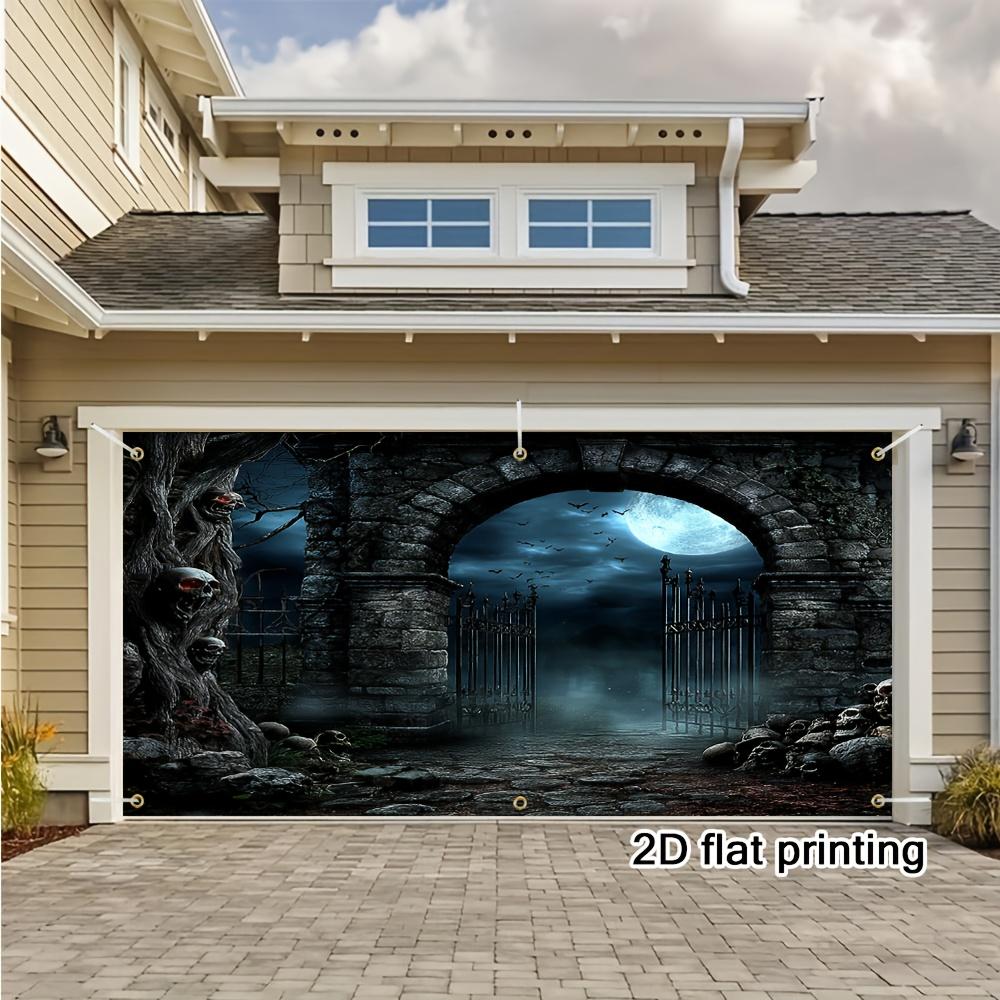 2D flat-printed garage banner with a scene of a skull tree tombstone and a garage door banner with a pattern of this scene.PMJ