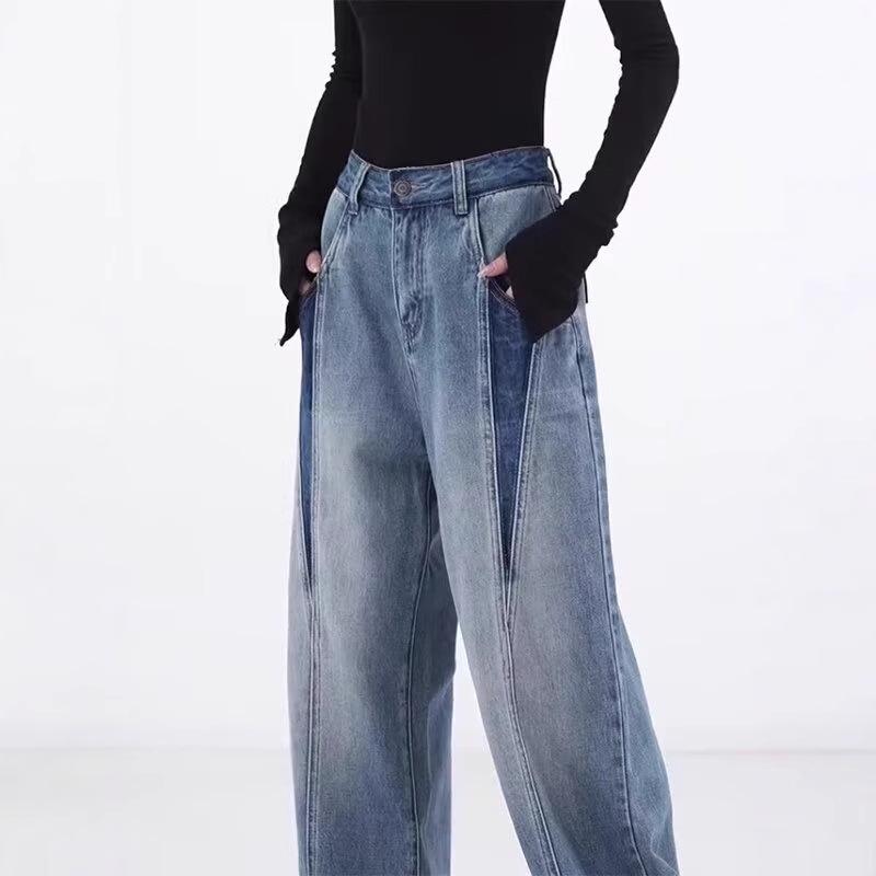 

Color Block Wide Leg High Waist Jeans for Women - Spring/Summer Plus Size Patchwork Loose Straight Floor-Length Pants Large синій