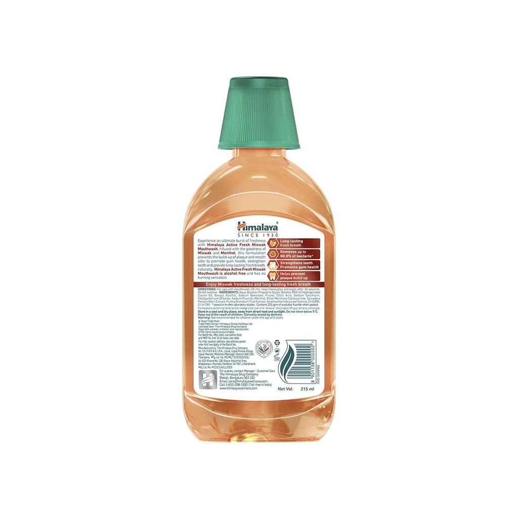 Himalaya Active Fresh Miswak Mouthwash 215ml Alcohol-Free Plaque Prevention Fresh Breath