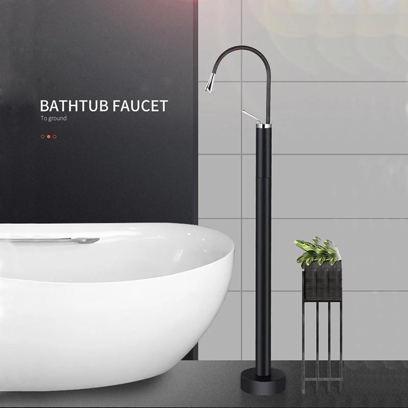 Tuqiu Black Bathroom basin Faucet Brass Floor Standing Bathtub Faucet Sink Mixer Tap super long water drop design gold sink tap