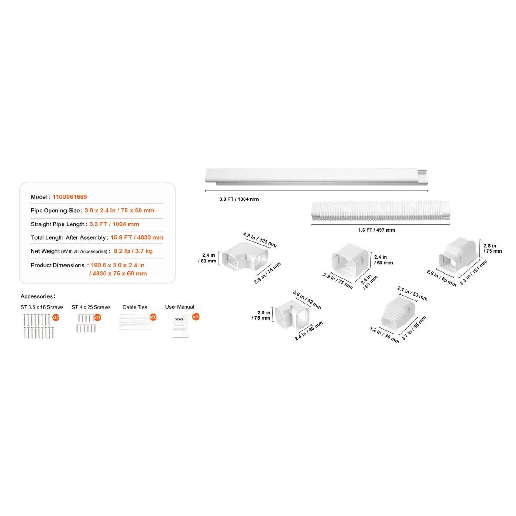 SucceBuy Mini Split Line Set Cover PVC Decorative Pipe Line Cover For Air Conditioner Easy To Install Paintable for Heat Pump