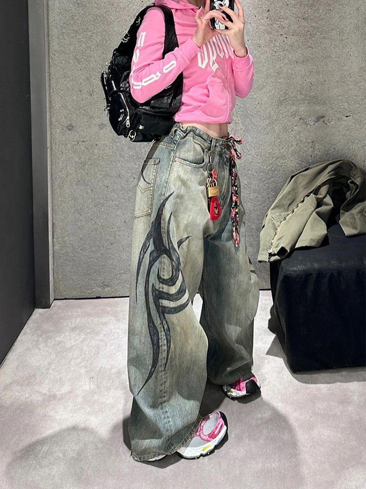 Americký gotický potisk Modré džíny Y2K Podzim Zima Retro Hip Hop Volné Ležérní Móda Street Vysoký Pas Rovné Džíny