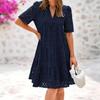 Summer Women's Flowy V-Neck Sundress Casual Hollow Out Midi Dress A-Line Tiered Eyelet Short Sleeve Beach Dress