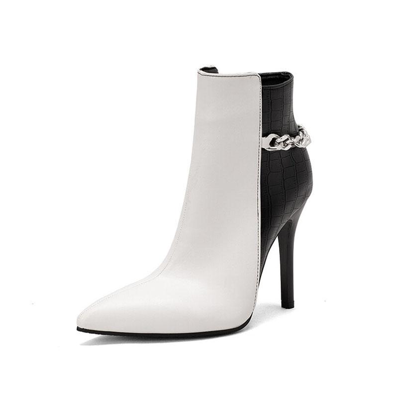 Eleganckie Damskie Kozaki Jesień Zima Wysokie Obcasy Botki Patchwork Damskie Czółenka Modny Design Łańcuszka Buty na Imprezę Kobieta WSH4728