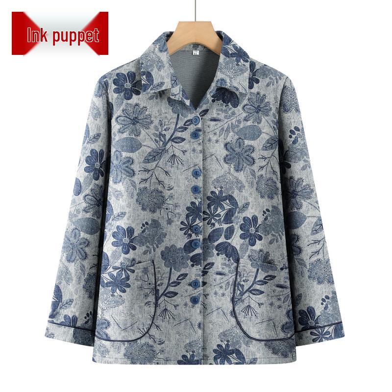 Women s Floral Print Long Sleeve Shirt for Mid-Aged Mothers 3XL
