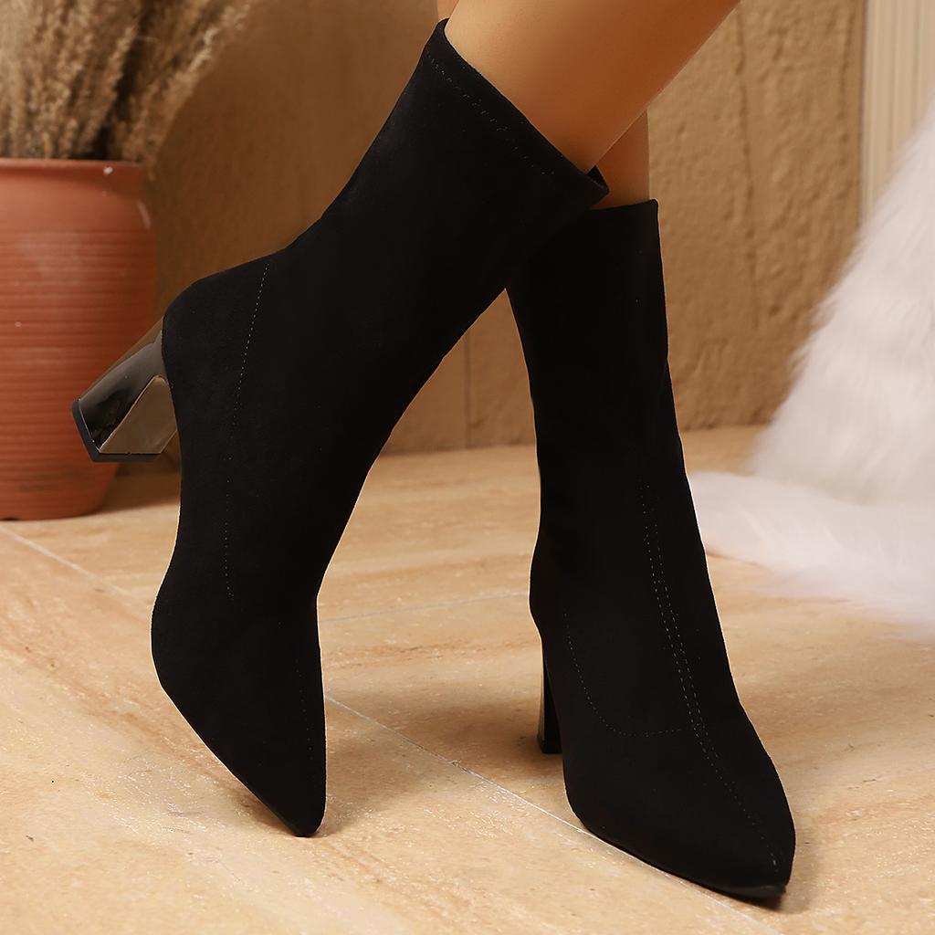 Botins Femininos da Moda Estilo Britânico Sapatos da Moda para Mulheres 2025 Novos Salto Grosso Botas Slim Mulheres Outono/Inverno Botas Elásticas Sexy