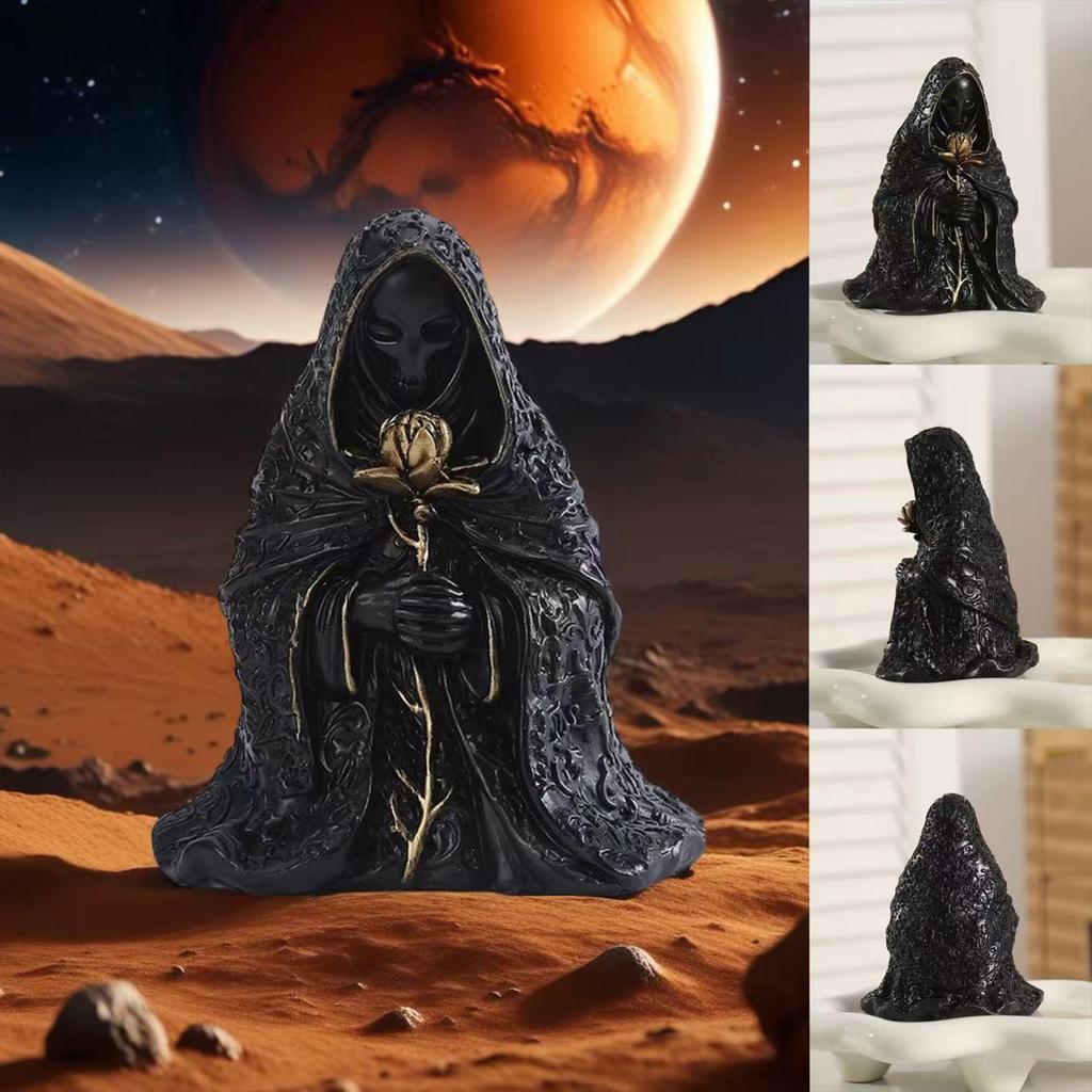 Black Resin Grim Figurine Holding Golden Flower - Gothic Home Decoration