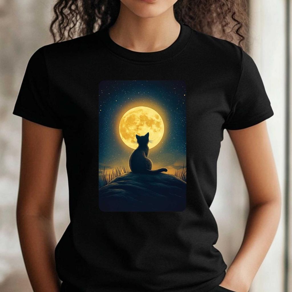 T-Shirt Frauen Katze an Vollmond Motiv Baumwolle Größe XS bis 3XLWird in neuem Fenster oder Tab geöffnet