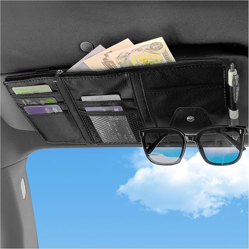OFBAND Car Visor Organizer With Sunglass Holder,Multi-Functional Car Sun Visor Organizer With Zipper For Cards,Money,Tickets,Leather Interior