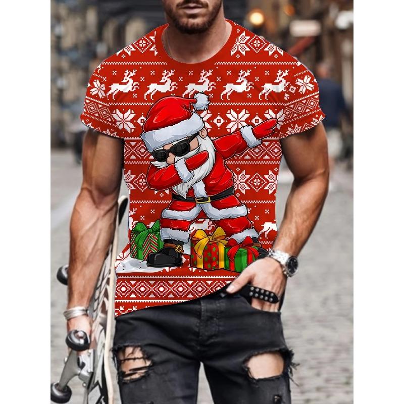 Sommer Herren Bequem Modisch Weihnachtsmann 3D Digital Bedrucktes T-Shirt- Weiches Mittel Elastisches Polyesterfaser Gewebe Sommer Locker Freizeitkleidung