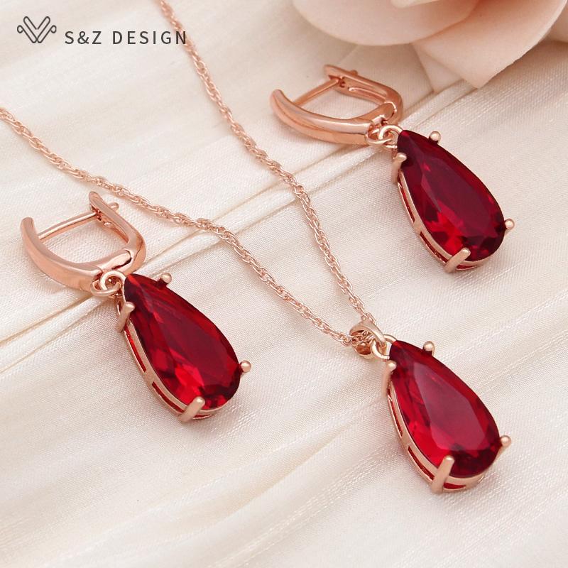 Fashion Water Drop Cubic Zirconia Dangle Earrings Jewelry Sets For Women Wedding Rose Gold Color Necklace