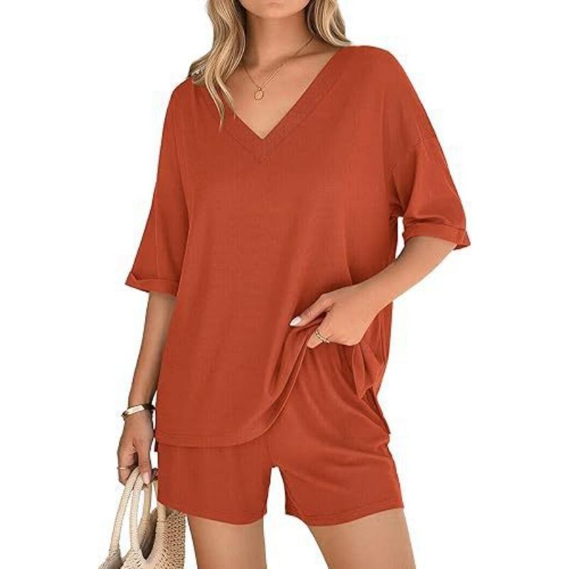 Women S V Neck Short Sleeve Top And Shorts Casual Set