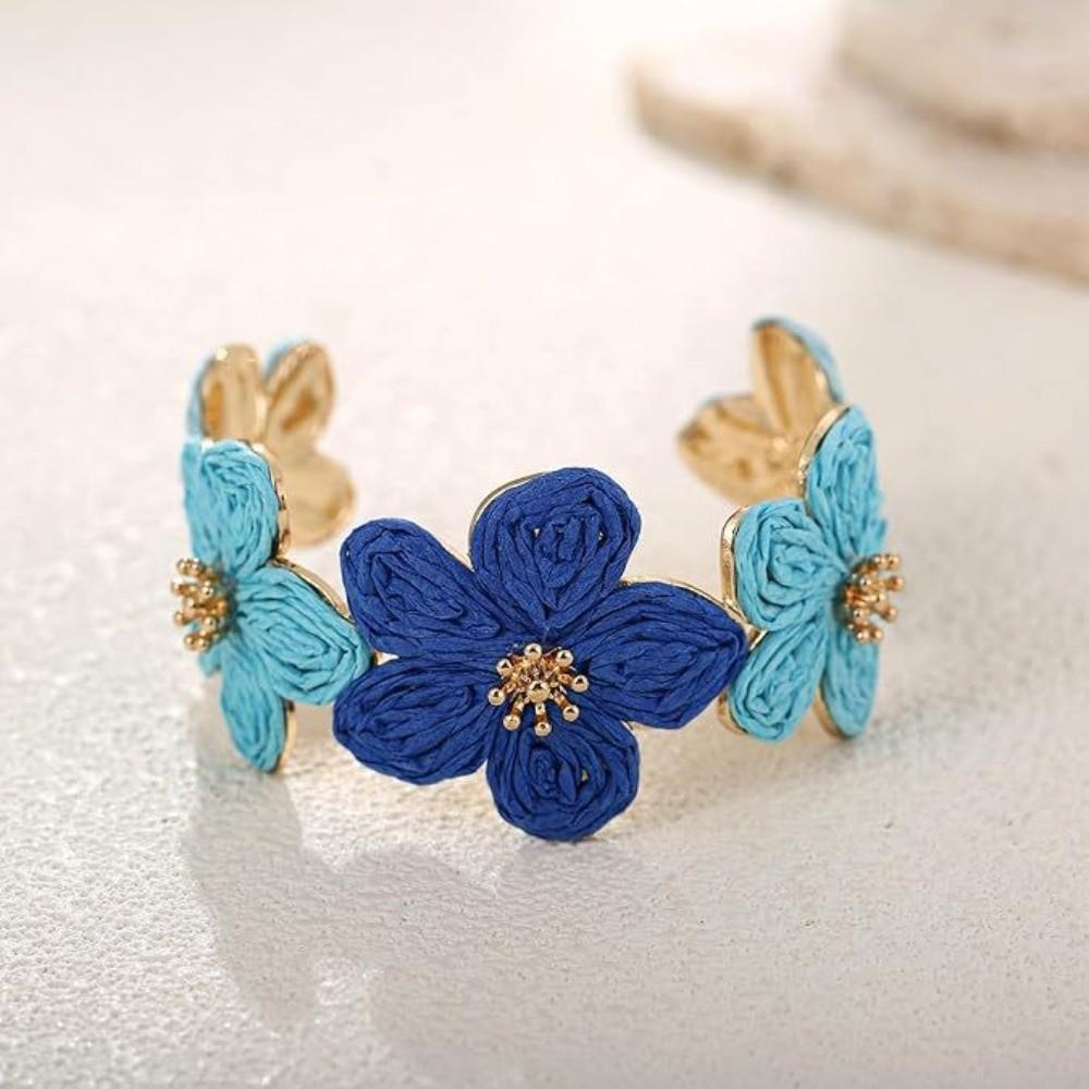 C-shaped Woven Flower Bangle Vintage Hand Ring Retro Raffia Grass Bracelet  Daily