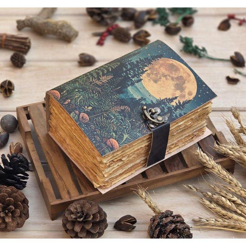 Handmade Leather Journal: Full Moon Forest Design - Witchcraft Grimoire