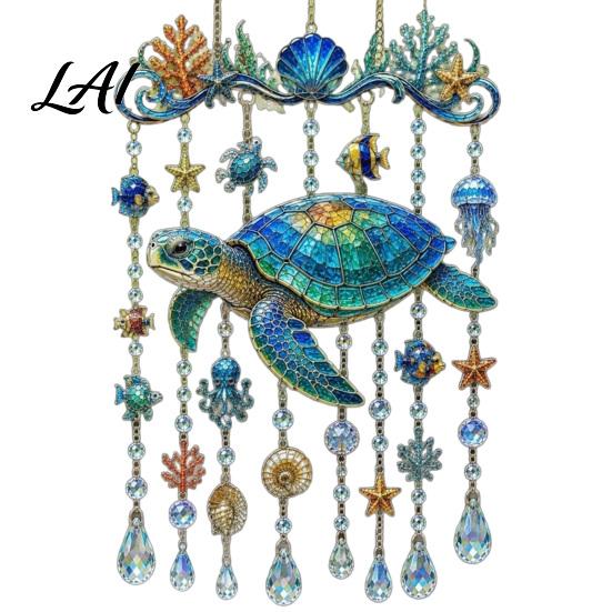 Balcony Hanging Decor Ocean-Themed Wind Chime Decoration Animal Sun Catcher with Faux Crystal Drops Tropical Fish Garden Decoration Stained