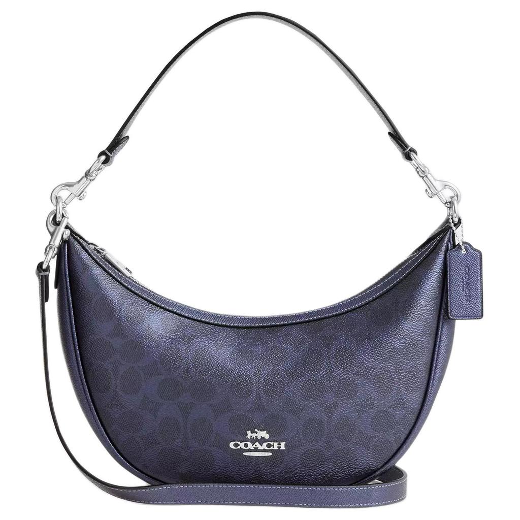 Coach Aria 26 Silver Logo Pearl Print Synthetic Leather Shoulder Bag Medium Women Shoulder Bag Navy-Blue CCL27-SBLNV