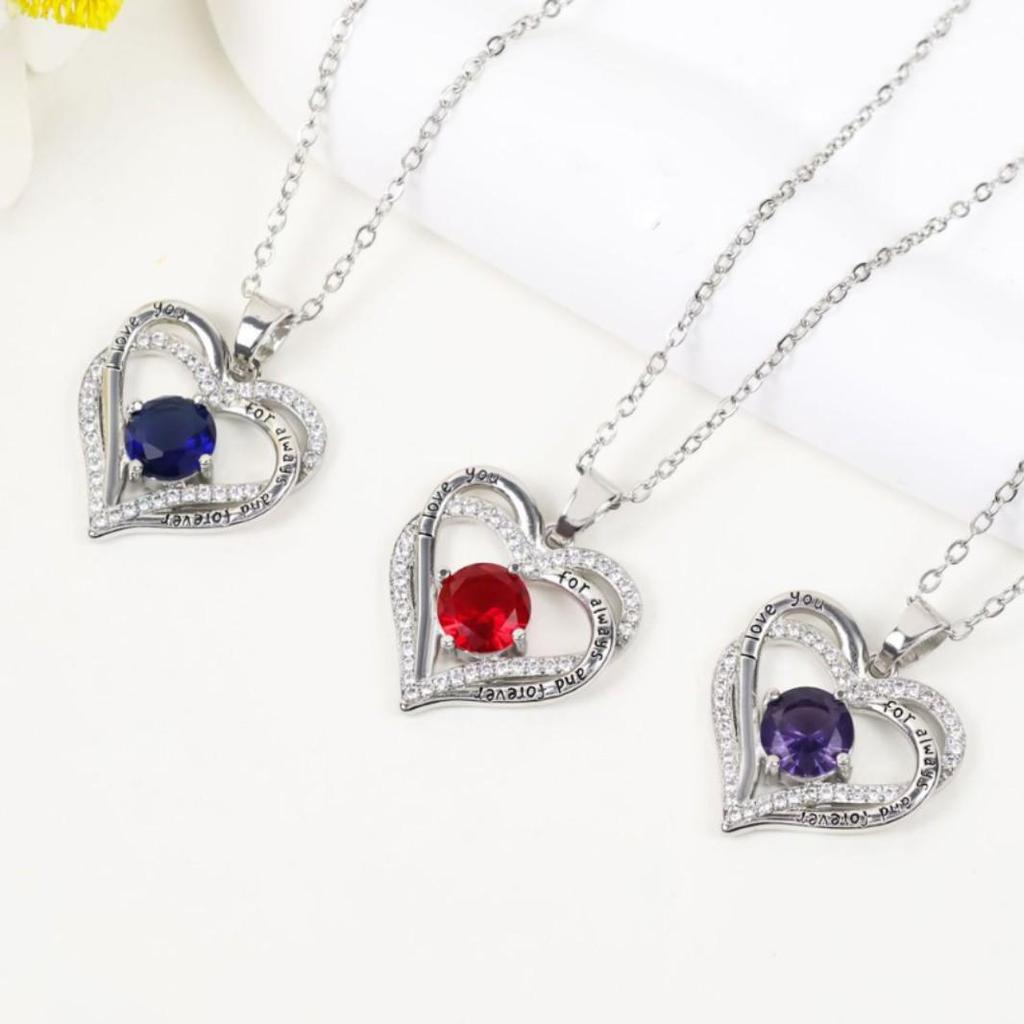 White Gold Double-layer Heart Pendant Necklace - Twelve Birthstone Options
